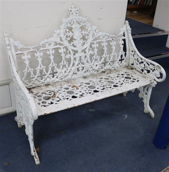 A Victorian Coalbrookedale design white painted cast iron Gothic garden bench W.120cm